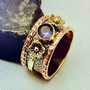 Elegant Gold and Purple Amethyst Floral spinner/fidget Ring-genuine